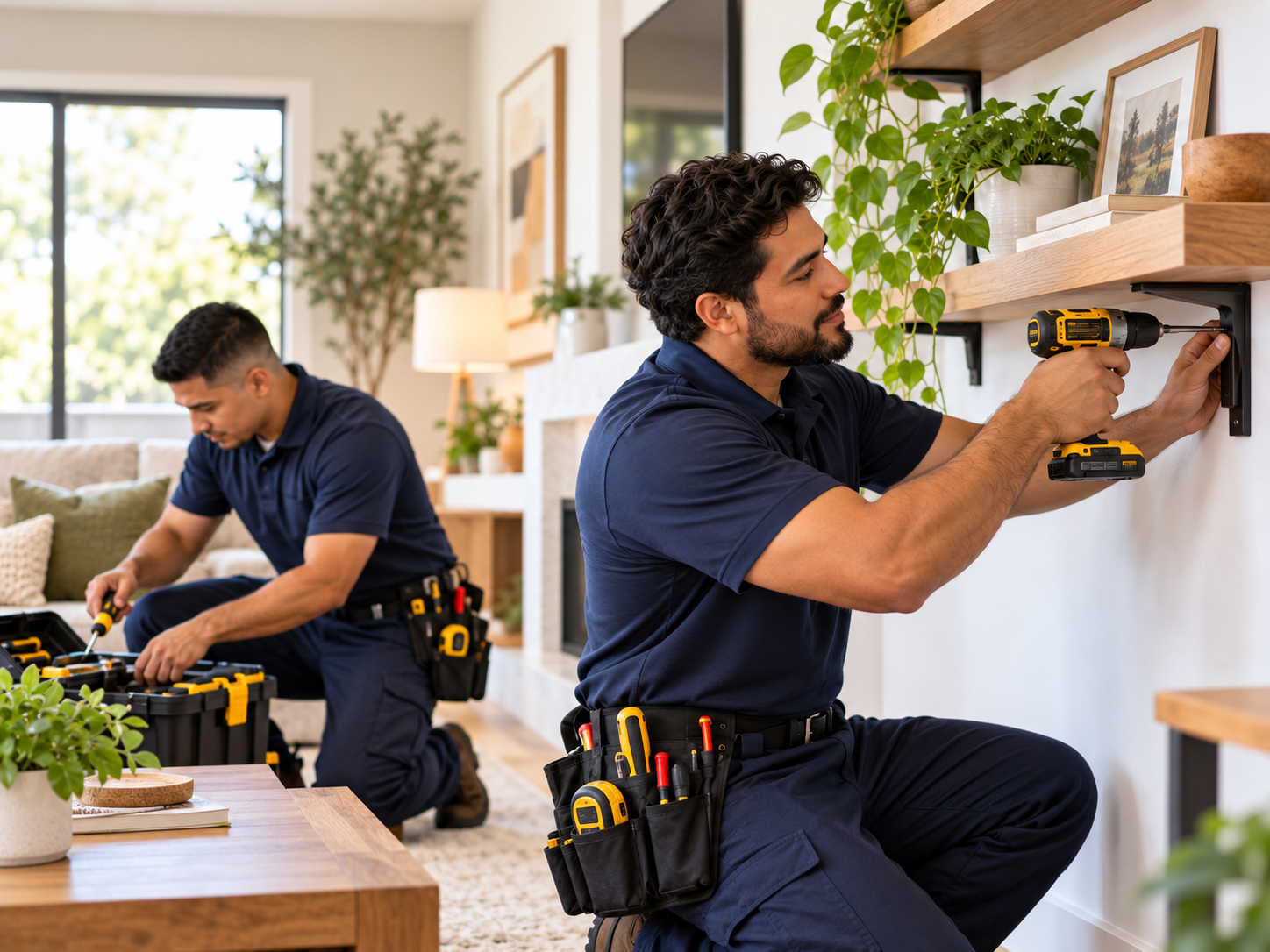 Home service technicians installing interior shelving