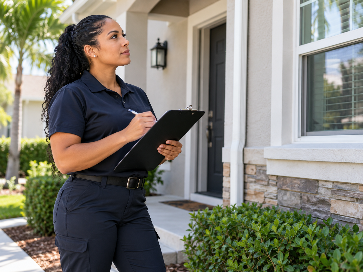 Property inspector documenting a residential exterior