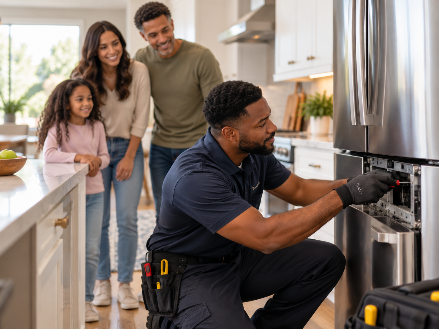 Residential appliance technician servicing a refrigerator